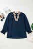 Navy Blue Contrast Leopard Patchwork Collar Plus Size Long Flounce Sleeve Blouse