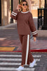 Chestnut Varsity Stripe Patchwork Puff Sleeve Pullover Drawstring Wide Leg Pant Set