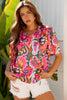Rose Summer Plant Print Lace up V Neck Short Sleeve Blouse