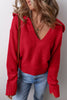 Racing Red Collared V Neck Ribbed Edge Sexy Elegant Sweater