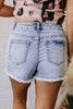 Beau Blue Pearl Studded Pockets Raw Hem Denim Shorts