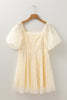 Apricot Sequined Lace Mesh Bubble Sleeve Square Neck Dress