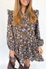 Brown Floral Print Ruffled Detail Shirt Collar Button Down Long Sleeve Dress