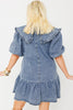 Dusk Blue Ruffled Collared Side Pockets Puff Sleeve Denim Mini Dress