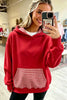Racing Red Plaid Patchwork Front Pocket Casual Hoodie