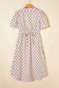 Pink Floral Print V Neck Scallop Trim Button Front Short Sleeve Long Dress