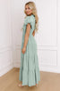 Clearly Aqua Solid Color V Neck Short Puff Sleeve High Waist Tiered Maxi Dress