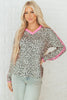 Khaki Leopard Print Contrast V Neck Varsity Stripe Detail Long Sleeve Top