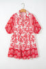 Red Collared V Neck Half Sleeve Loose Flower Mini Dress