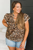 Khaki Plus Size Leopard Print Stitch Detail Ruffled Short Sleeve Blouse