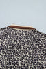 Khaki Leopard Print Half Zip Striped Trim Patchwork Short Sleeve Top