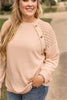 Beige Plus Size Lace Patchwork Buttons Waffle Knit Top