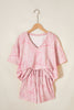 Pink Abstract Print V Neck Loose Tee Drawstring Shorts 2pcs Outfit