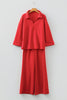Fiery Red Polo Collar V Neck 3/4 Sleeve Pullover Drawstring Bell Bottom Pants 2pcs Set