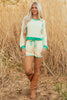 White Contrast Trim Colorblock Long Sleeve Pullover and Drawstring Shorts 2pcs Outfit