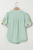Clearly Aqua Floral Embroidered Puff Sleeve Split Neck Blouse