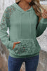 Smoke Green Lace Patchwork Raglan Sleeve Kangaroo Pocket Waffle Hoodie