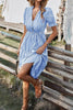 Sky Blue Stripe Button Tassel Tie Detail Frilled Short Sleeve Flared Midi Dress