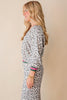 Gray V Neck Leopard Long Sleeve Top Striped Webbing Patchwork Drawstring Pant Set