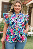 Blue Floral Flutter Sleeve Tied Notched Neck Plus Size Blouse