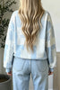 Sky Blue Patchwork Floral Print Mock Neck Long Sleeve Sweatshirt