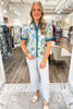 Beige Floral Print Contrasted Frilled Striped Trim Short Sleeve Blouse