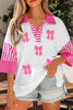 White Sequin Bow Pattern Striped Color Block Collar Half Sleeve Shift Top
