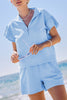 Beau Blue Ribbed Texture Half Zip Ruffled Short Sleeve Top and Shorts Set