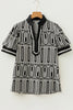 Black Geometric Print Contrast Scallop Color Block Patchwork Short Sleeve Blouse