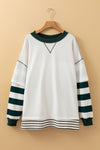 White Stripe Colorblock Sleeve Exposed Seam Fake-2-Piece Sweatshirt