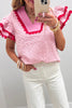 Pink Eyelet Embroidered Flower Texture Contrast Lace Trim Flutter Sleeve Blouse