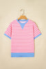 Pink Stripe Contrast Trim Loose Short Sleeve Top