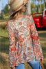 Orange Floral Print Deep V Neck Knot Bell Sleeve Blouse