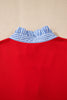 Fiery Red Contrast Striped Collar Patchwork Puff Sleeve Ruffle Hem Mini Dress
