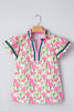 Pink Floral Print Contrast Trim V Neck Double Ruffled Short Sleeve Blouse