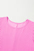 Bright Pink Corded Knit Crew Neck Puff Sleeve Shift Mini Dress