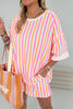 Pink Stripe Drop Shoulder Half Sleeve Loose Tee and Shorts Casual Set