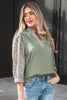 Grass Green Floral Puff Sleeve Contrast V Neck Patchwork Blouse