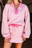 Pink Stripe Collared V Neck Drop Shoulder Pullover and Skort 2pcs Outfit