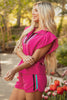 Strawberry Pink Striped Detail Flutter Sleeve Zipped Collar Short Set
