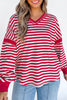 Red Stripe Exposed Seam V Neck Balloon Sleeve Pullover