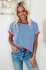 Sky Blue Textured Contrast Trim Round Neck T Shirt