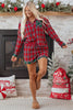 Red Plaid Contrast Patched Christmas Holiday Long Sleeve Shirt and Short 2pcs Pajama Set