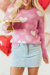 Pink Pearled Heart Print Valentines Crew Neck Sweater