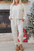 White Polka Dot Print Notched Neck Long Sleeve Top Drawstring Jogger Pants Waffle Knit Lounge Set