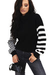 Smoke Gray Striped Plaid Patchwork Waffle Knit Turtleneck Sweater