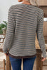 Brown Faux Two Piece Textured Striped Round Neck Long Sleeve T Shirt