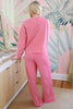 Pink Stripe Drop Shoulder Round Neck Top and Buttoned Straight Pants Two Piece Set