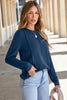 Navy Blue Solid Exposed Seam Crew Neck Long Sleeve Top
