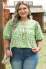 Green Plus Size Floral Tassel Tie Split Neck Puff Sleeve Blouse